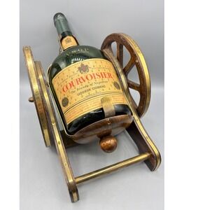 Vintage Courvoisier Cognac Bottle EMPTY Wooden Cannon Cradle Display Barware